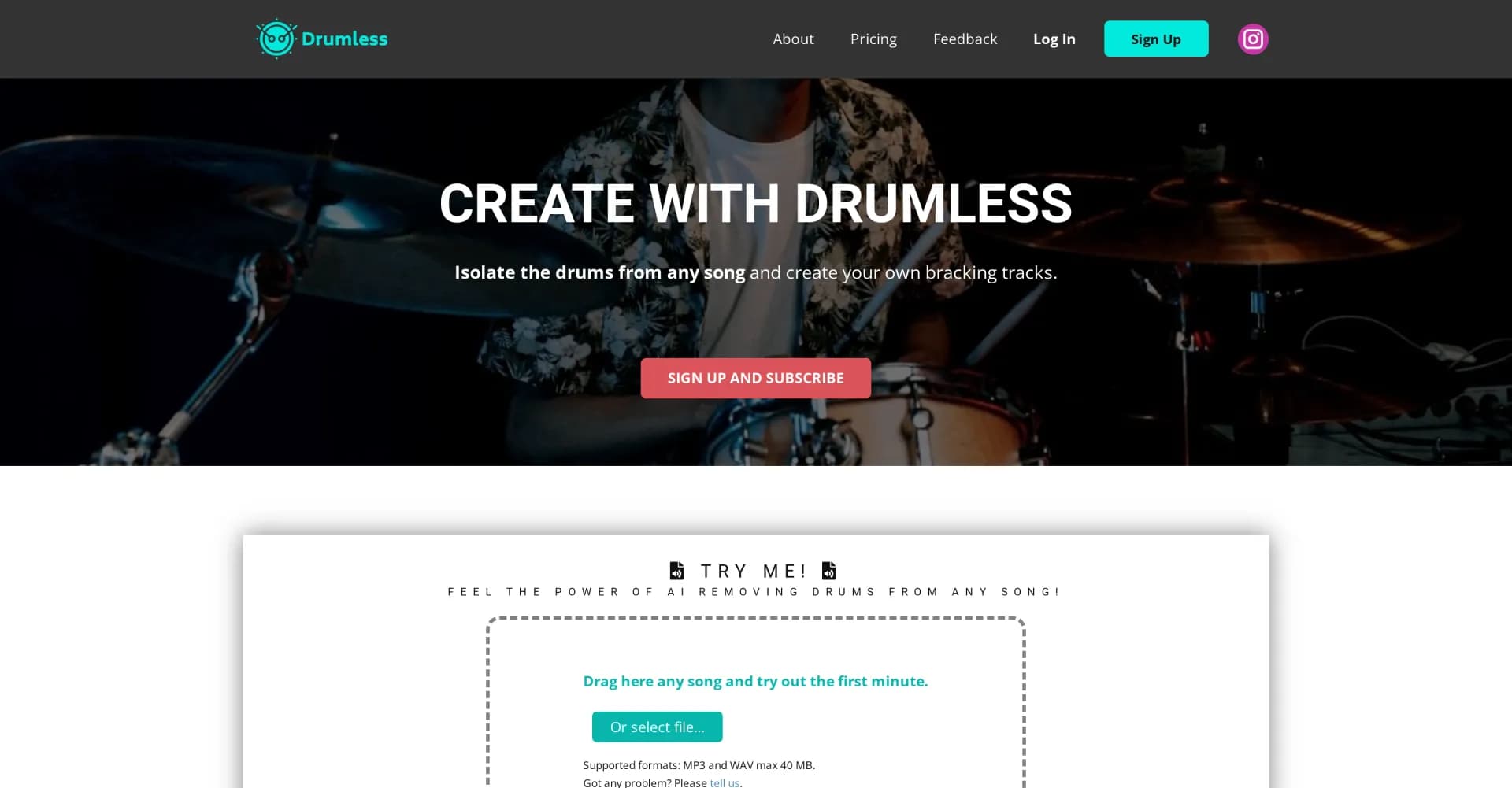 Drumless homepage screenshot — Remove drums from any song with AI.