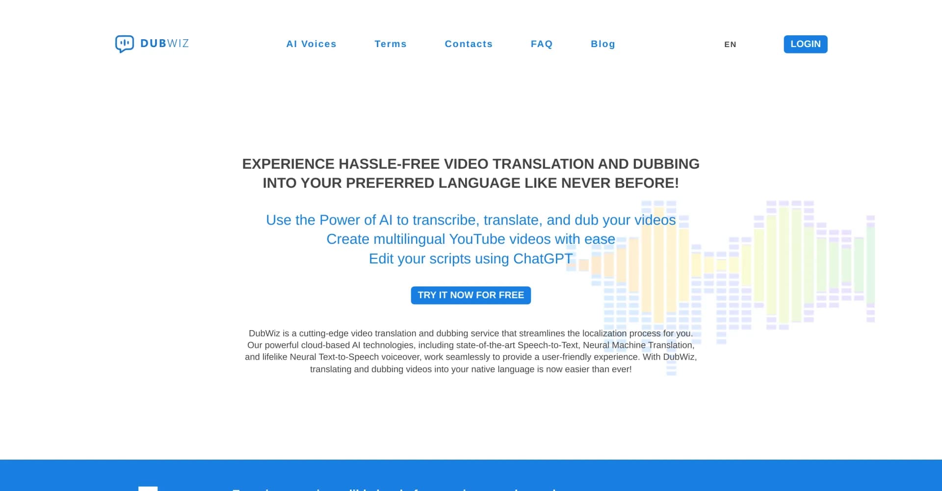 DubWiz homepage screenshot — Effortlessly translate and dub videos online with powerful A