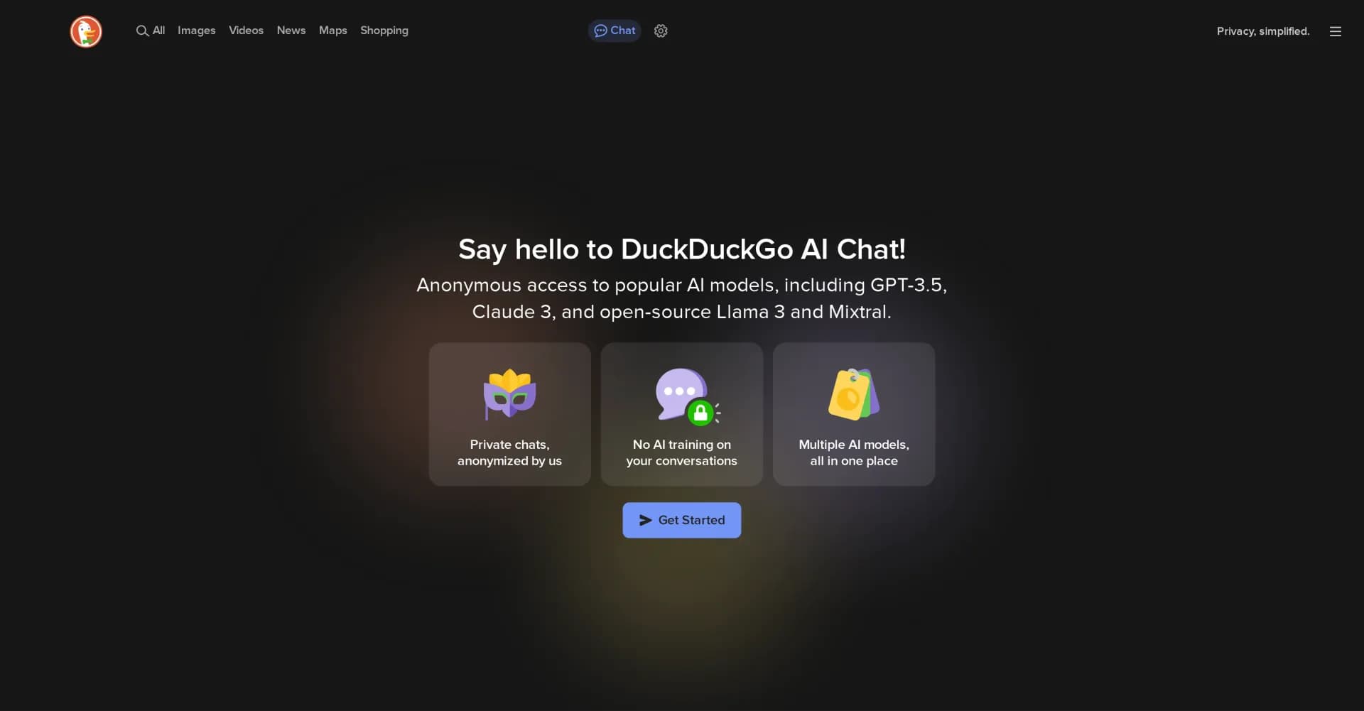 DuckDuckGo homepage screenshot — Privacy-focused search, simplified.