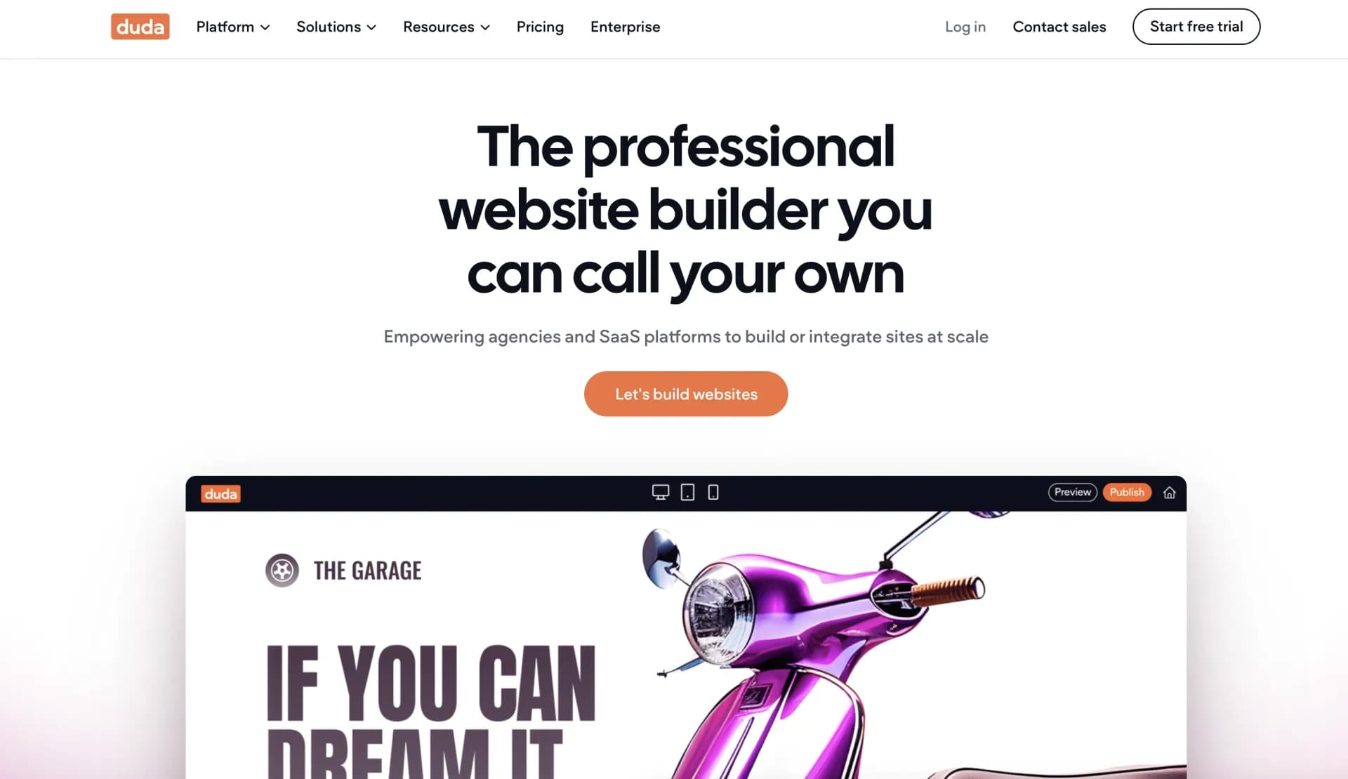 Duda homepage screenshot — Build high-converting websites at scale.