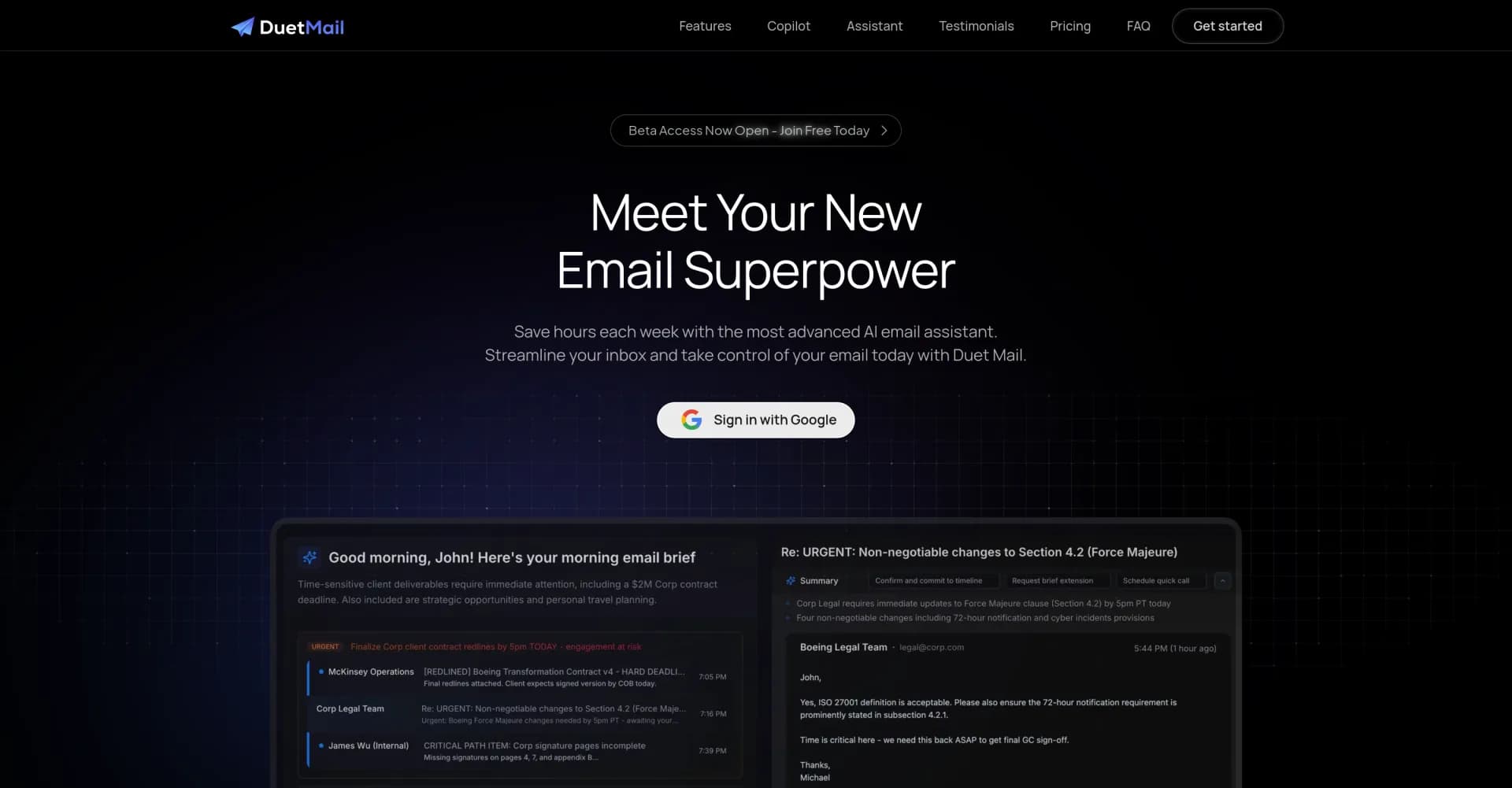 Duet Mail homepage screenshot — Meet Your New Gmail Superpower, Save 4+ Hours Everyday