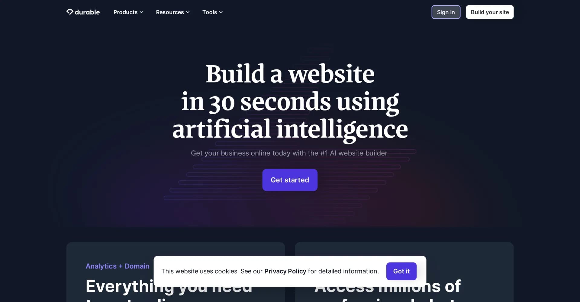 Durable AI Website Builder homepage screenshot — Create a professional website in seconds with AI.