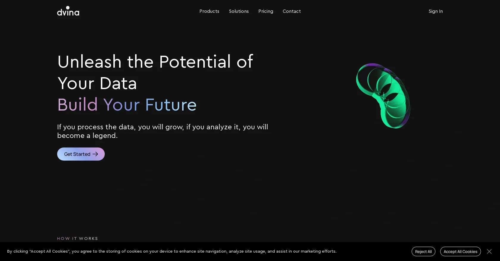 Dvina homepage screenshot — Unleash your data's potential for powerful insights.