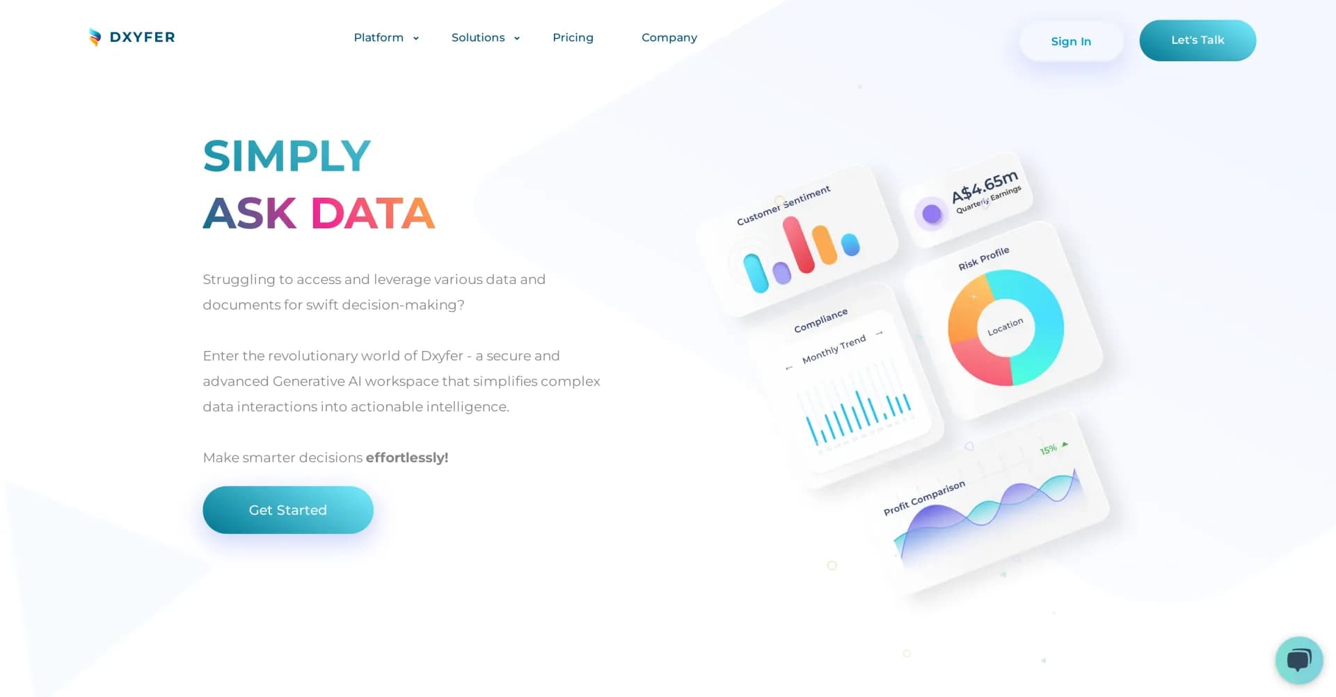 DXYFER homepage screenshot — Empower decisions with AI-driven data insights