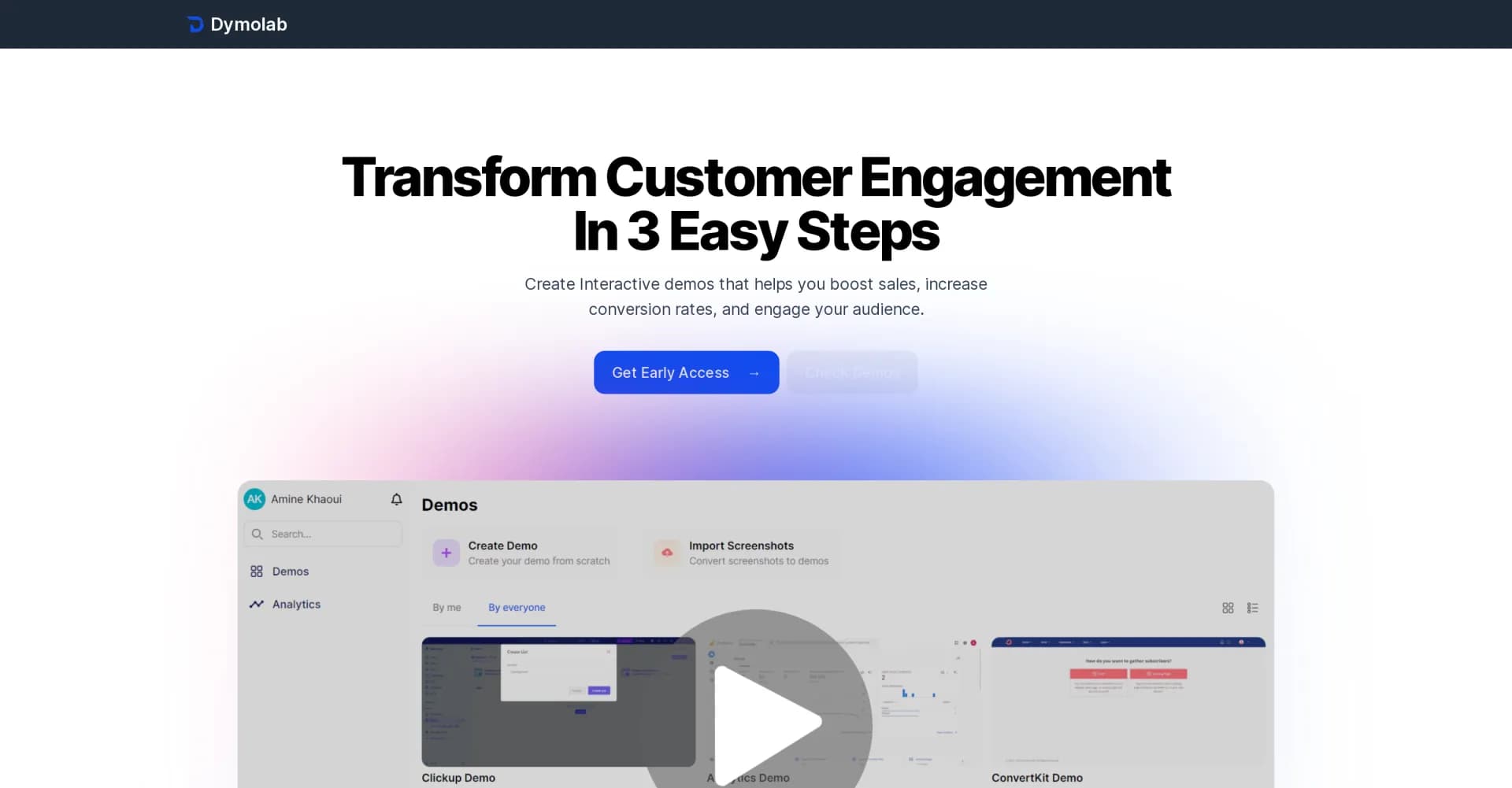 Dymolab homepage screenshot — Build interactive product demos in a snap.