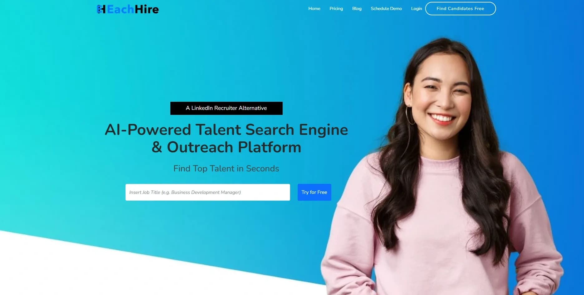 EachHire homepage screenshot — Find and engage top talent globally