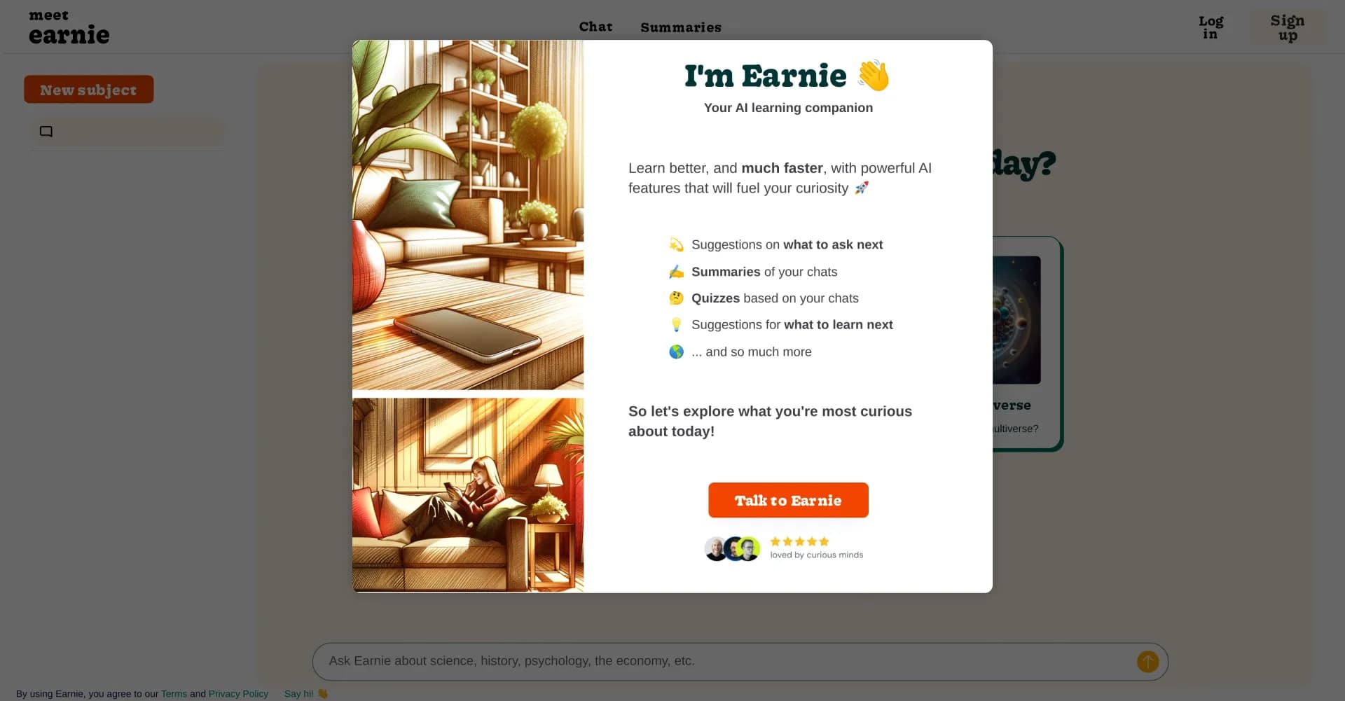 Earnie homepage screenshot — Fuel your curiosity with AI-powered learning.