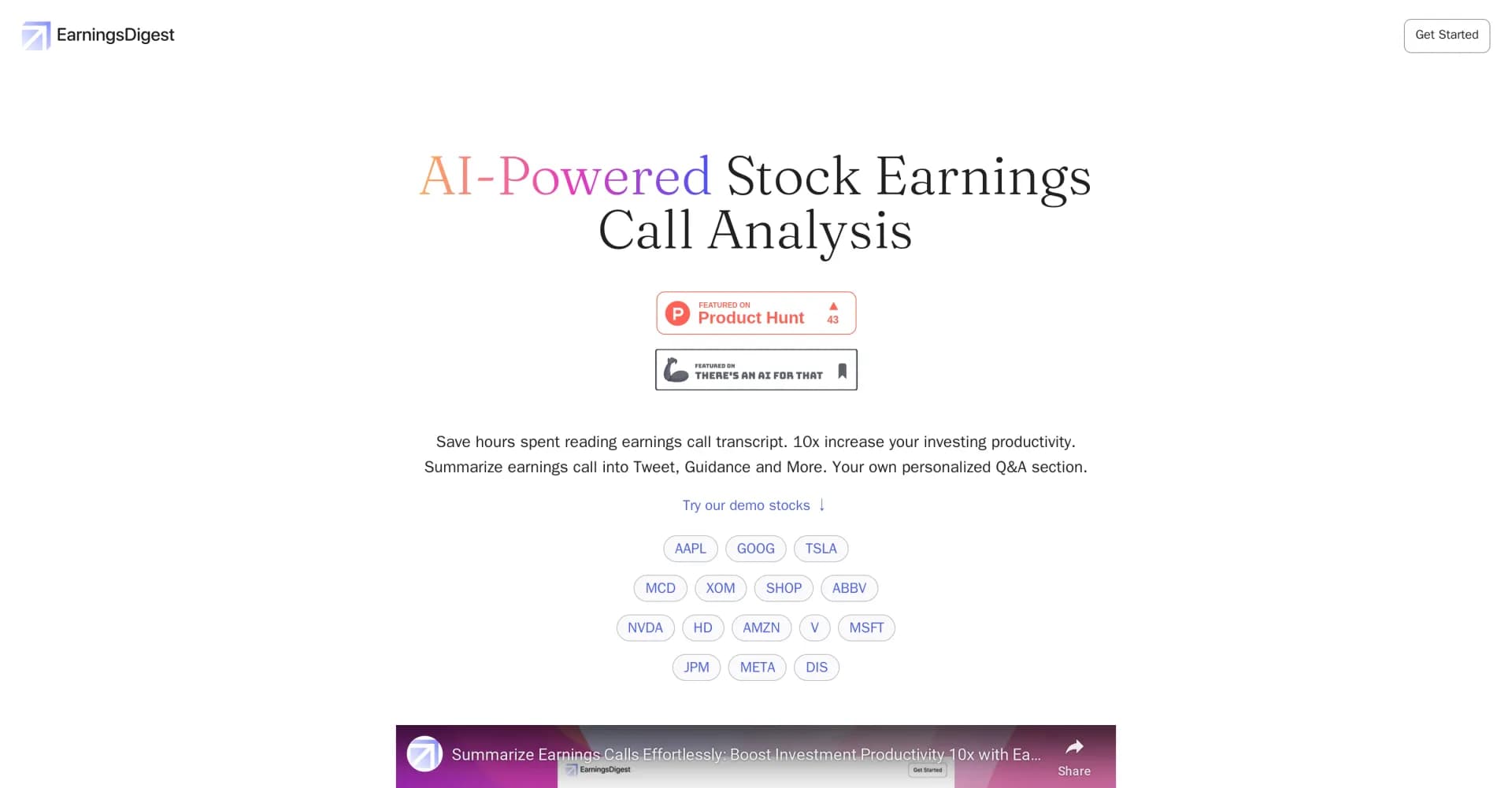 EarningsDigest.ai homepage screenshot — Stock earning transcripts