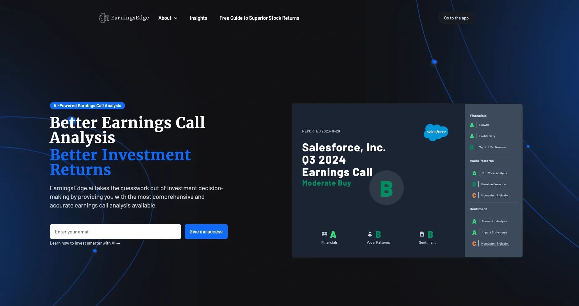 EarningsEdge.ai homepage screenshot — Better Earnings Call Analysis = Better Investment Returns