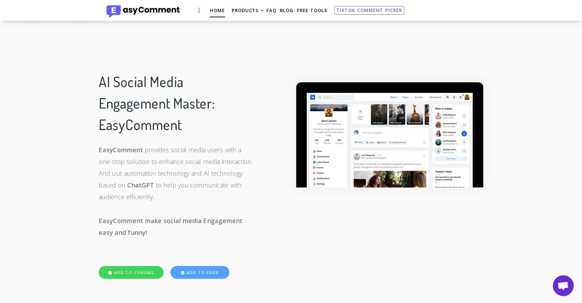 Easy Comment homepage screenshot — AI-powered social media engagement master
