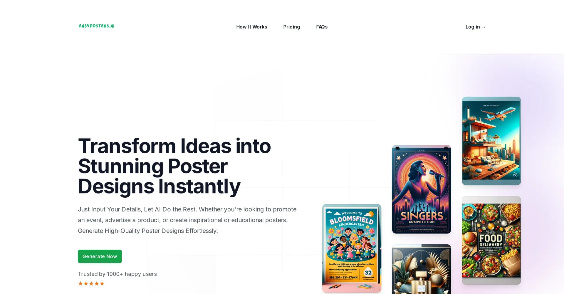 Easy Posters AI homepage screenshot — Transform ideas into stunning poster designs instantly