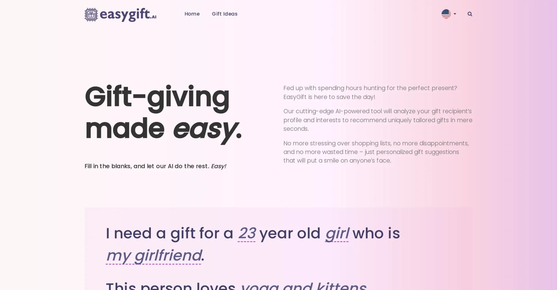 Easygift.ai homepage screenshot — AI-powered gift recommendations in seconds.