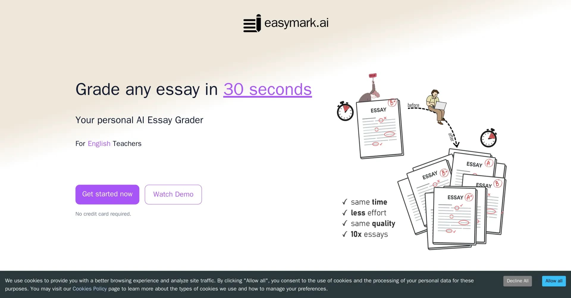 EasyMark homepage screenshot — Grade essays in 30 seconds with AI