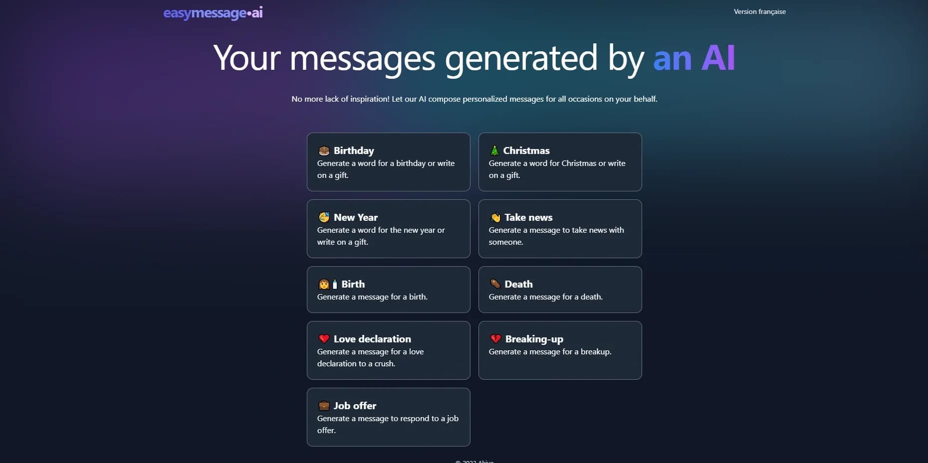 Easymessage homepage screenshot — AI-powered message generator for all occasions