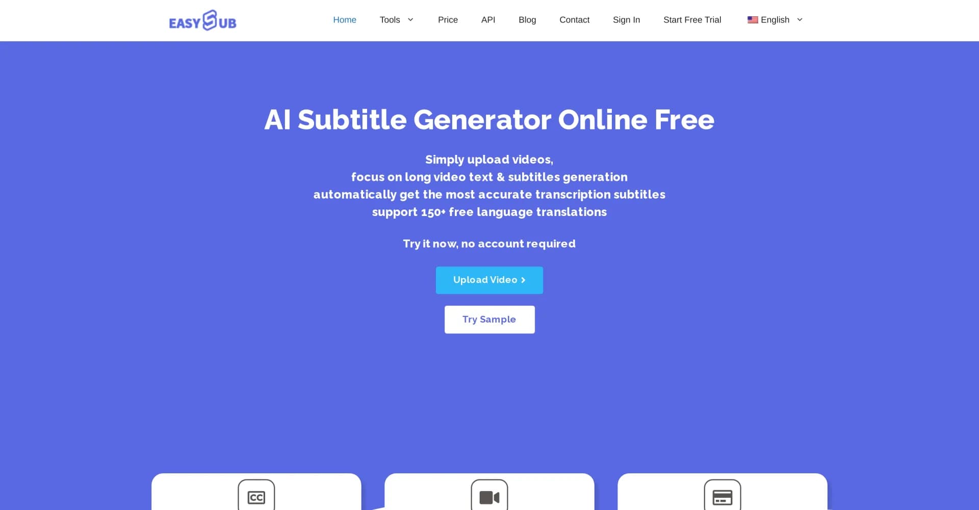 Easyssub homepage screenshot — Generate AI subtitles for long videos effortlessly.