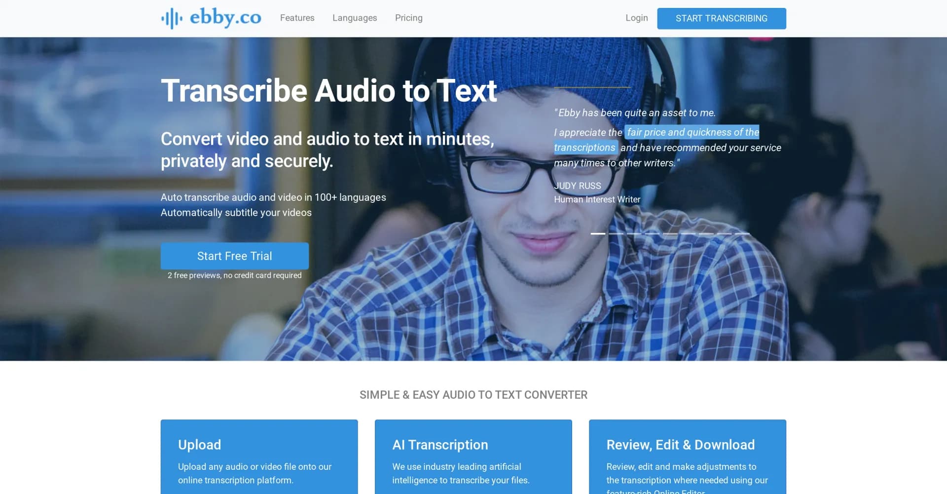 Ebby homepage screenshot — Convert audio and video to text in minutes.