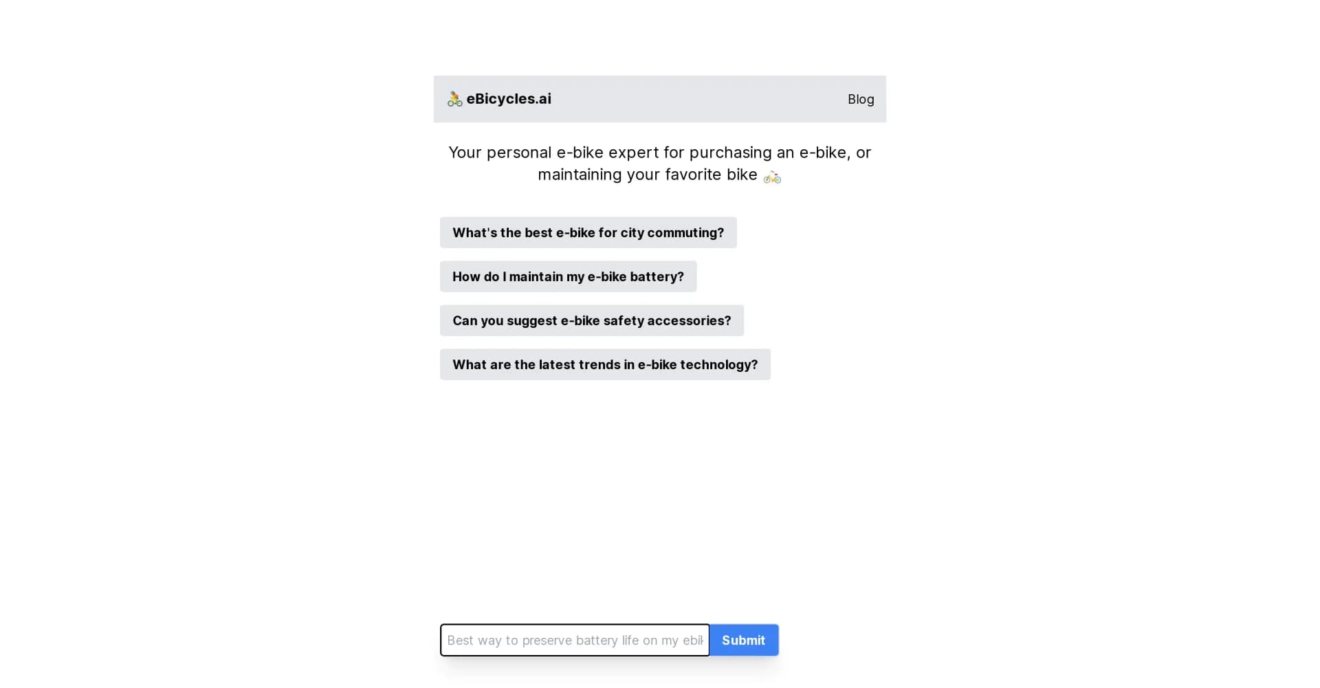 eBicycles.ai homepage screenshot — Your personal e-bike expert at your service.
