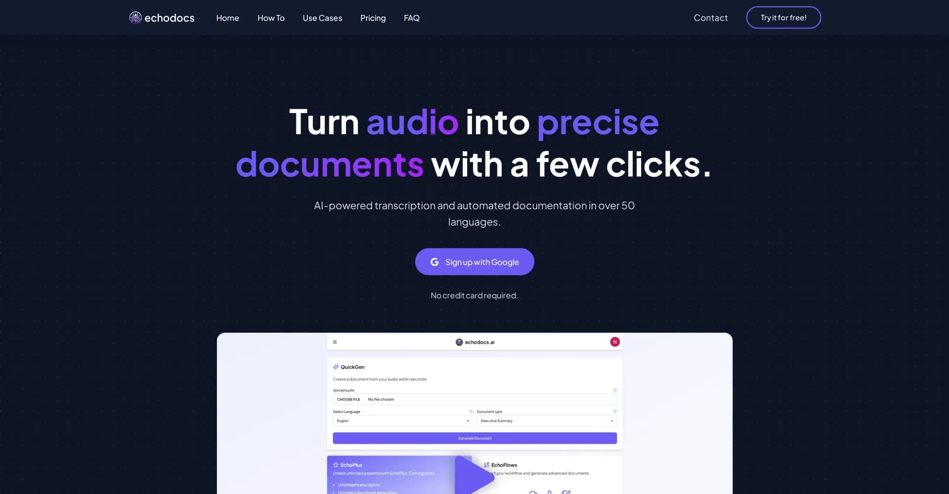 echodocs.ai homepage screenshot — Turn audio into precise documents with AI.