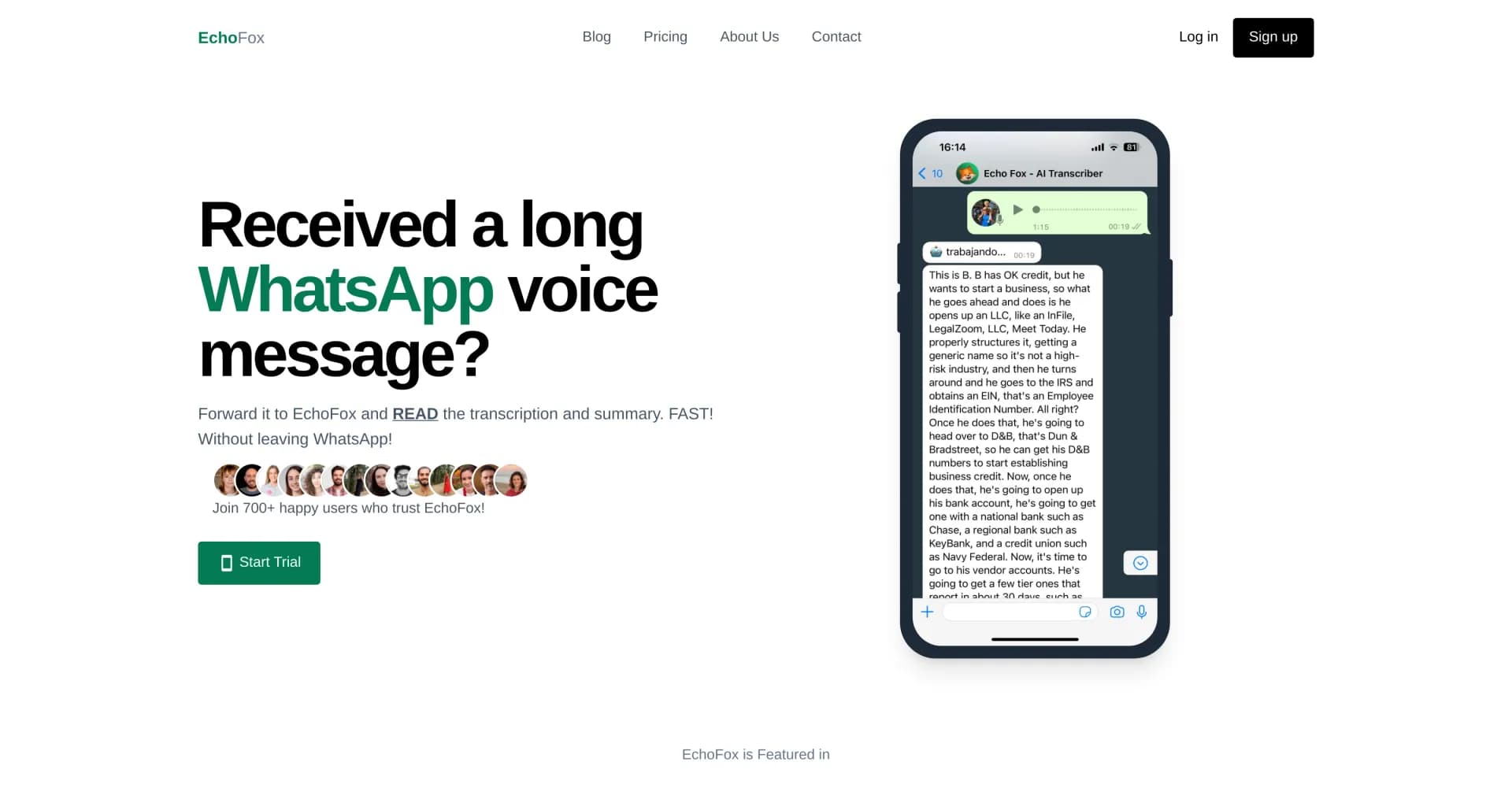 EchoFox homepage screenshot — WhatsApp voice to text: Read, don't listen.