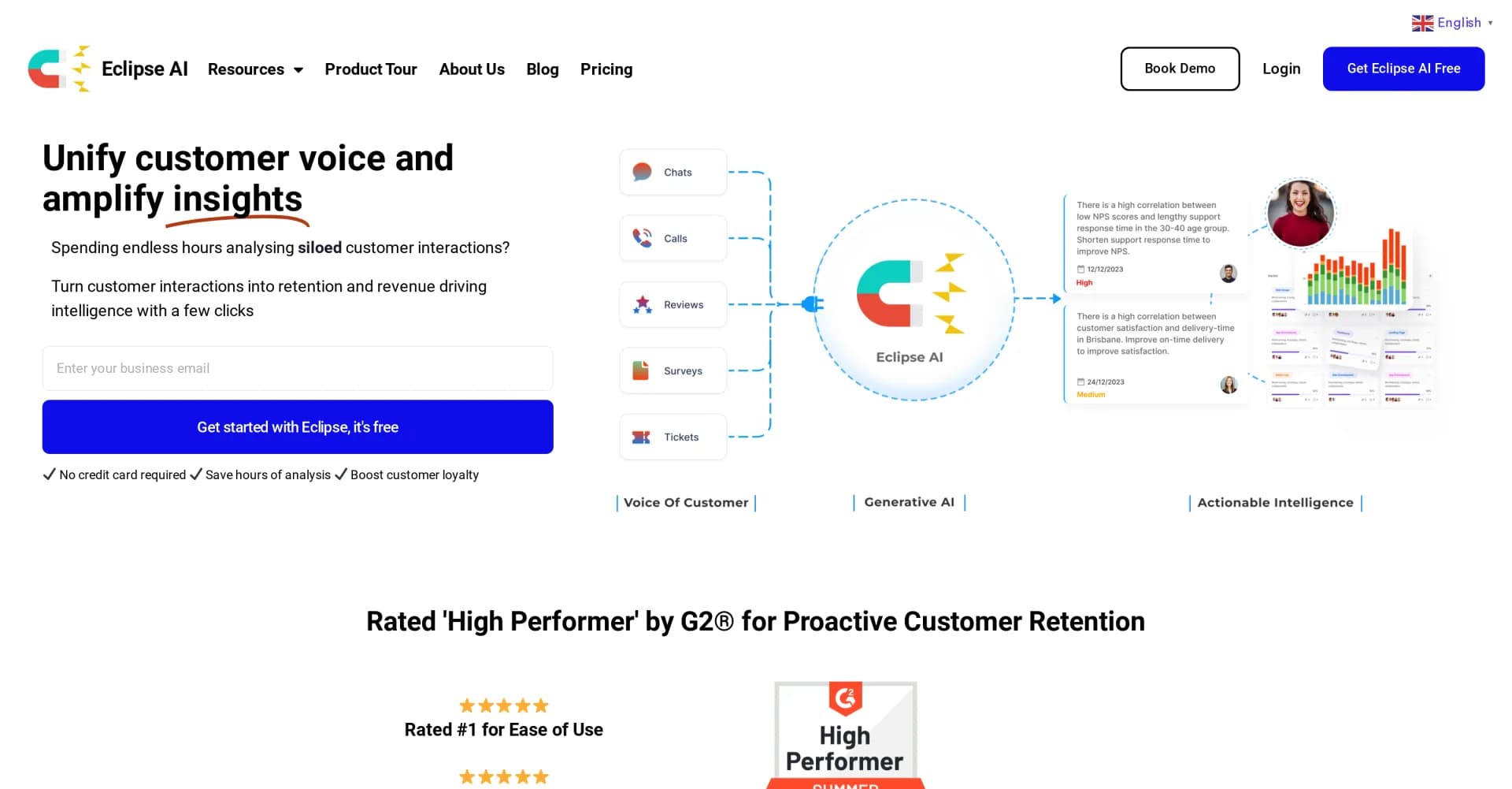 Eclipse AI homepage screenshot — Turn customer voices into actionable insights.