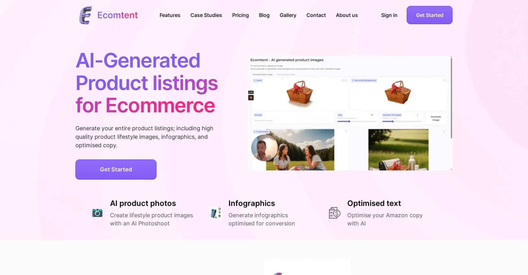 Ecomtent homepage screenshot — AI-generated product images for infinite ecommerce possibili
