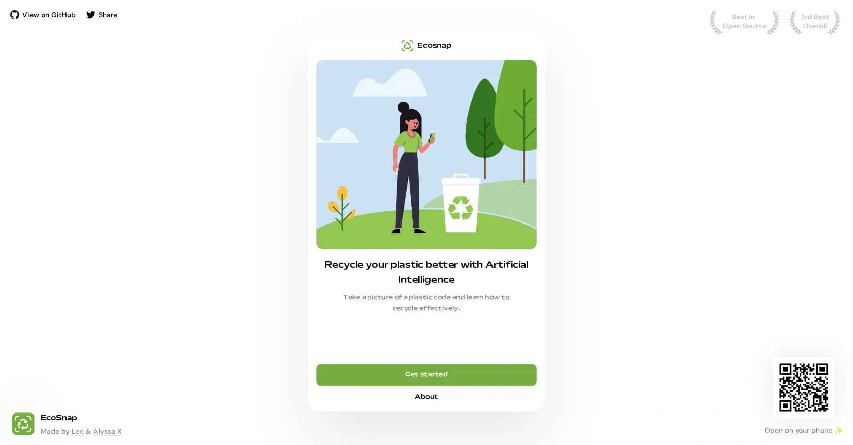 Ecosnap homepage screenshot — AI-powered plastic recycling assistant