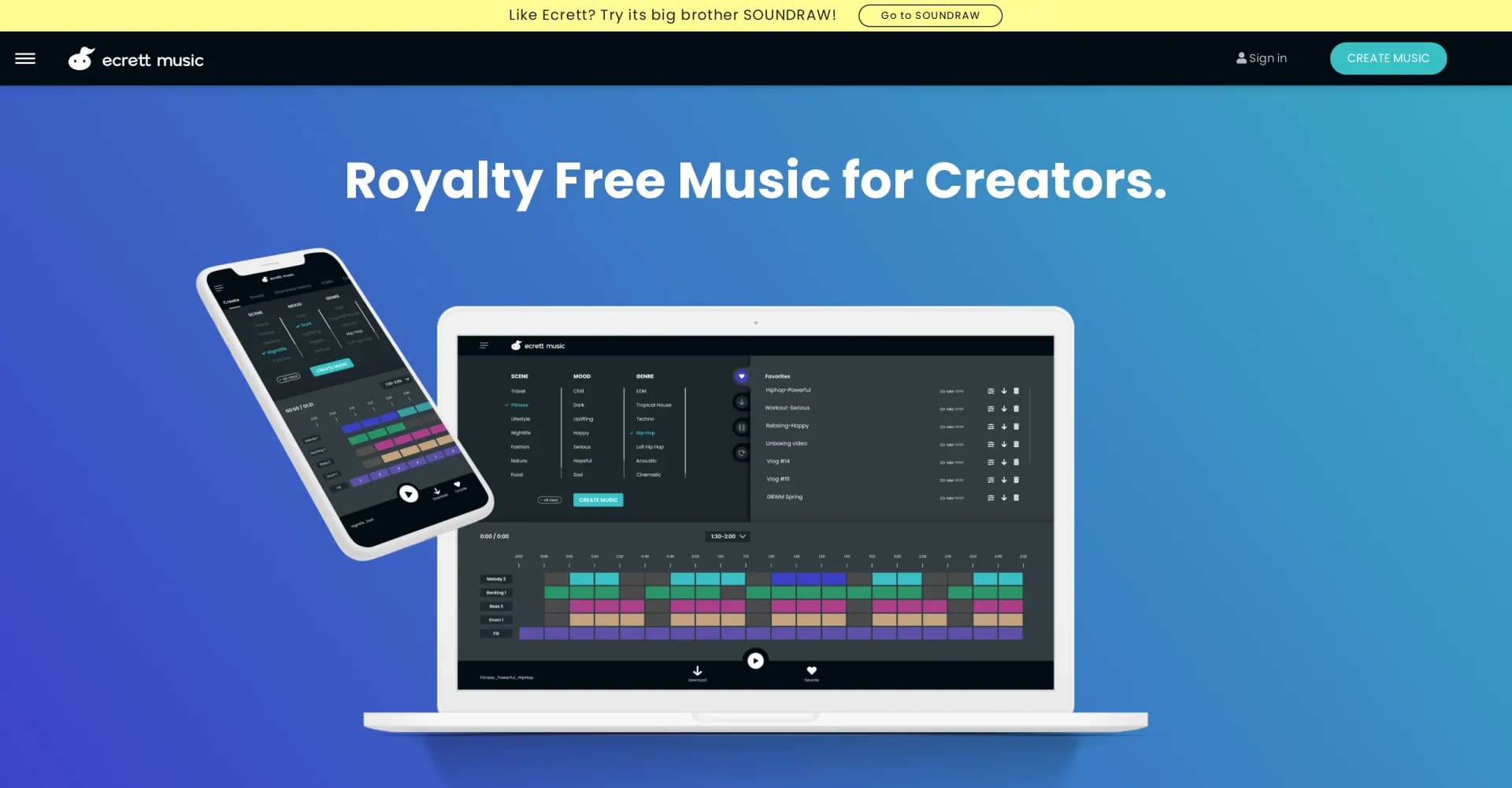 Ecrett Music homepage screenshot — Create royalty-free music with AI