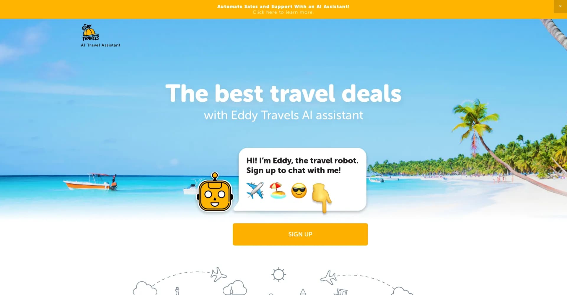 Eddy Travels homepage screenshot — AI assistant finds top hotel deals instantly.