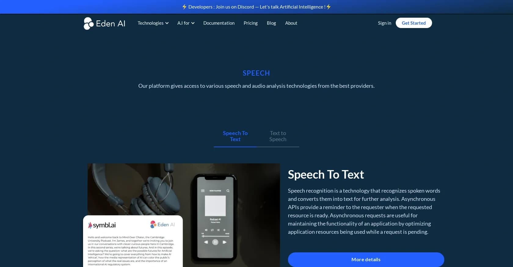 Eden AI homepage screenshot — Convert speech to text and synthesize natural speech.