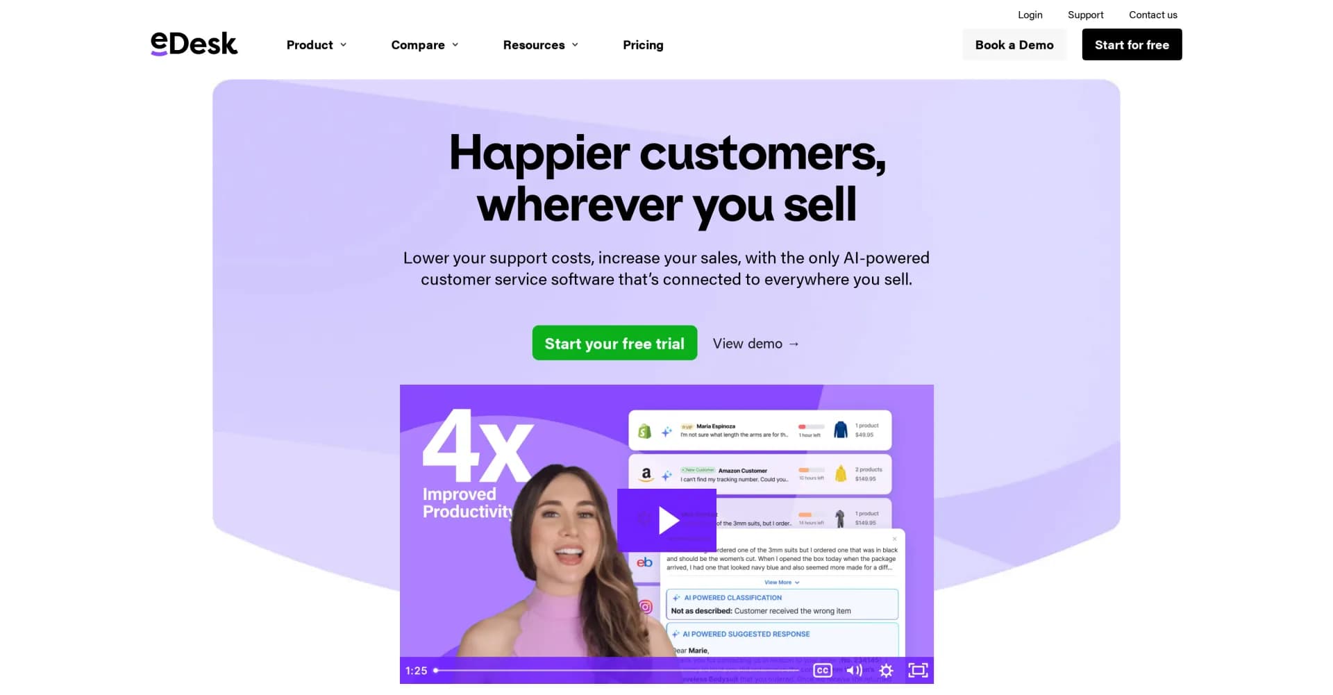 eDesk homepage screenshot — Centralize, personalize, and automate eCommerce customer sup