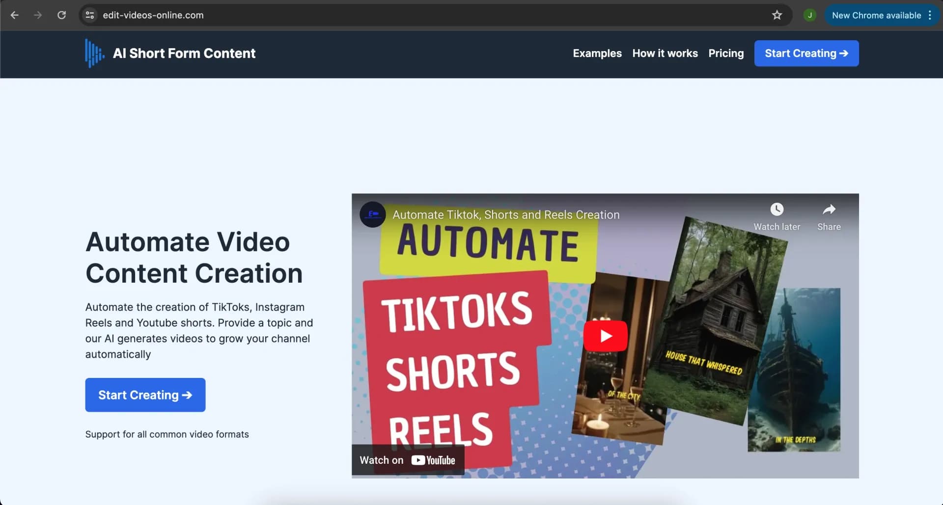 Edit-Videos-Online homepage screenshot — Automate the creation of TikToks, Instagram Reels and Youtub