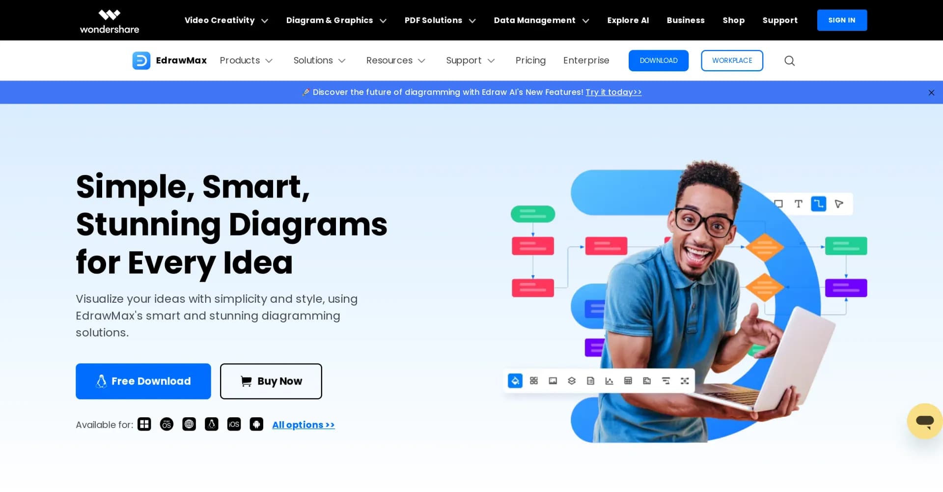 EdrawMax homepage screenshot — AI-powered diagramming made easy.