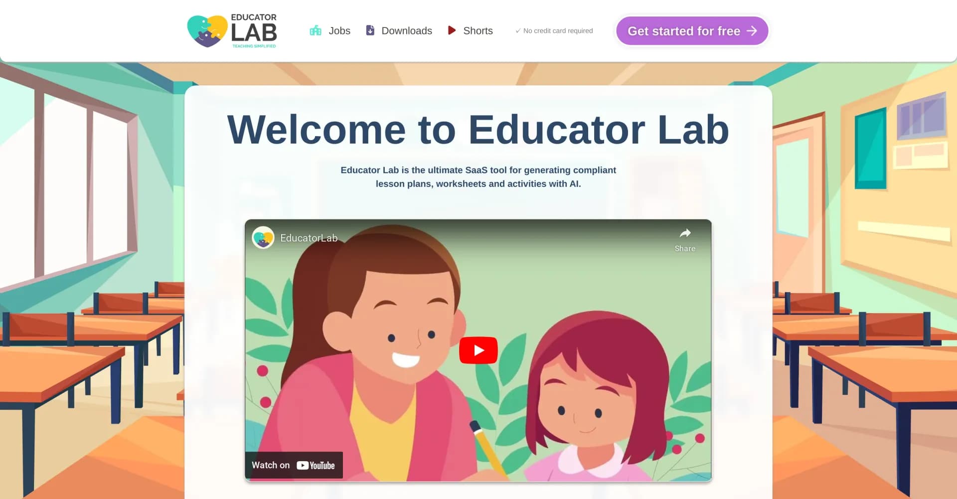 EducatorLab homepage screenshot — AI-powered lesson plans and assessments in seconds.