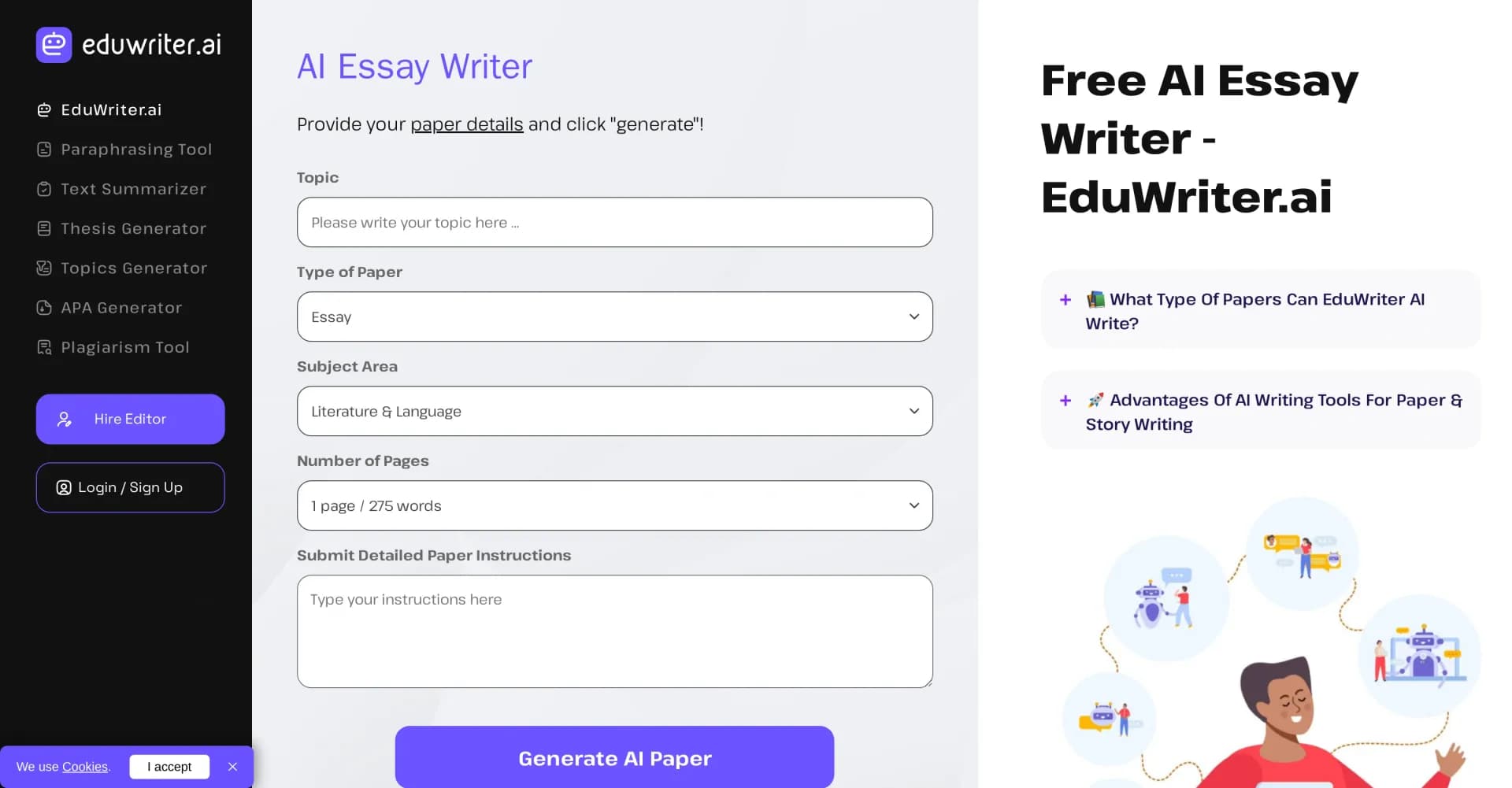 EduWriter homepage screenshot — Generate perfect essays instantly with AI.