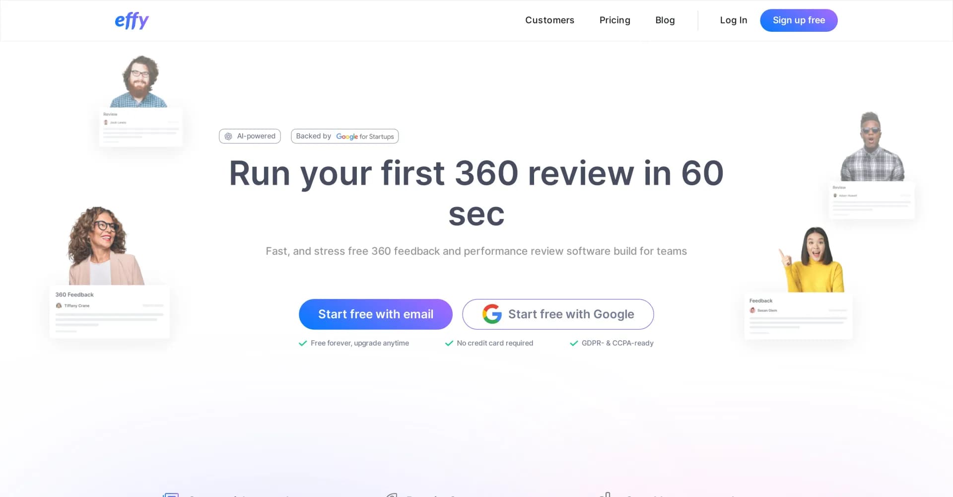 Effy homepage screenshot — Fast, stress-free 360 feedback for teams