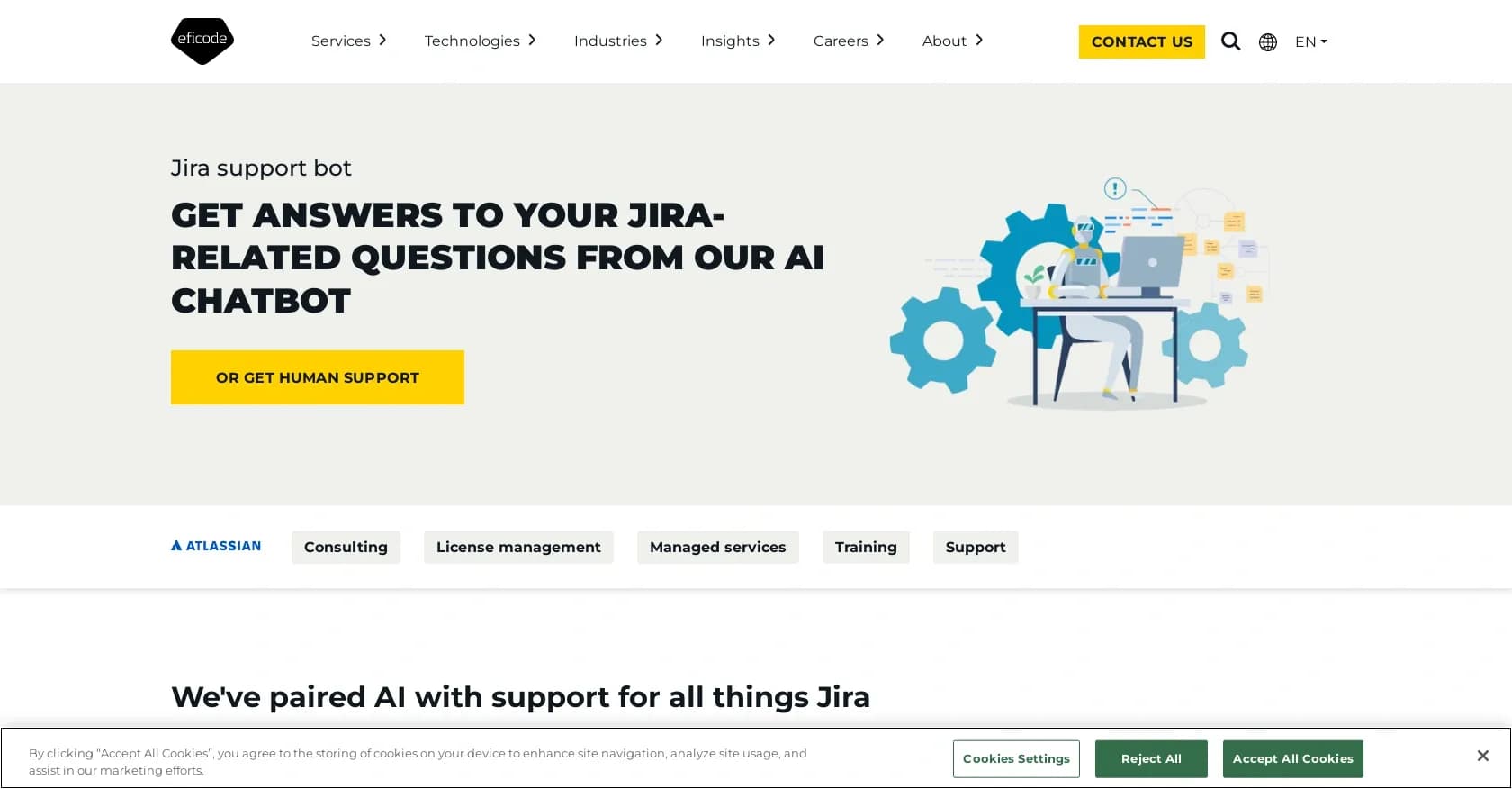 Eficode homepage screenshot — Get AI answers to Jira questions instantly.