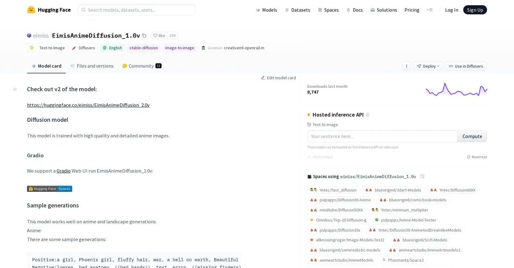 Eimis Anime Diffusion homepage screenshot — Create anime-style images from text prompts