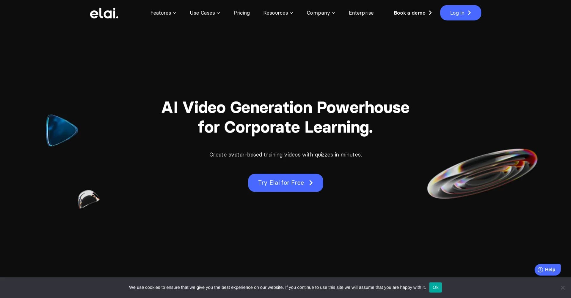 Elai.io homepage screenshot — AI video creation with real people in minutes.