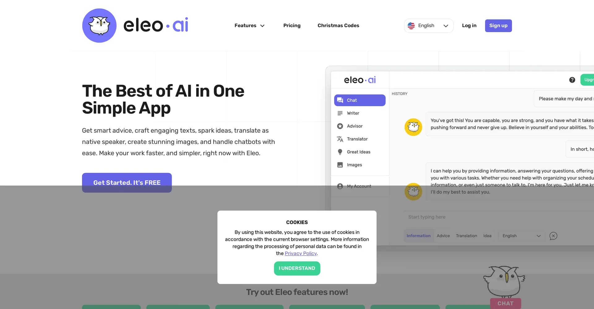 Eleo homepage screenshot — AI-powered tool for smarter work and creative tasks