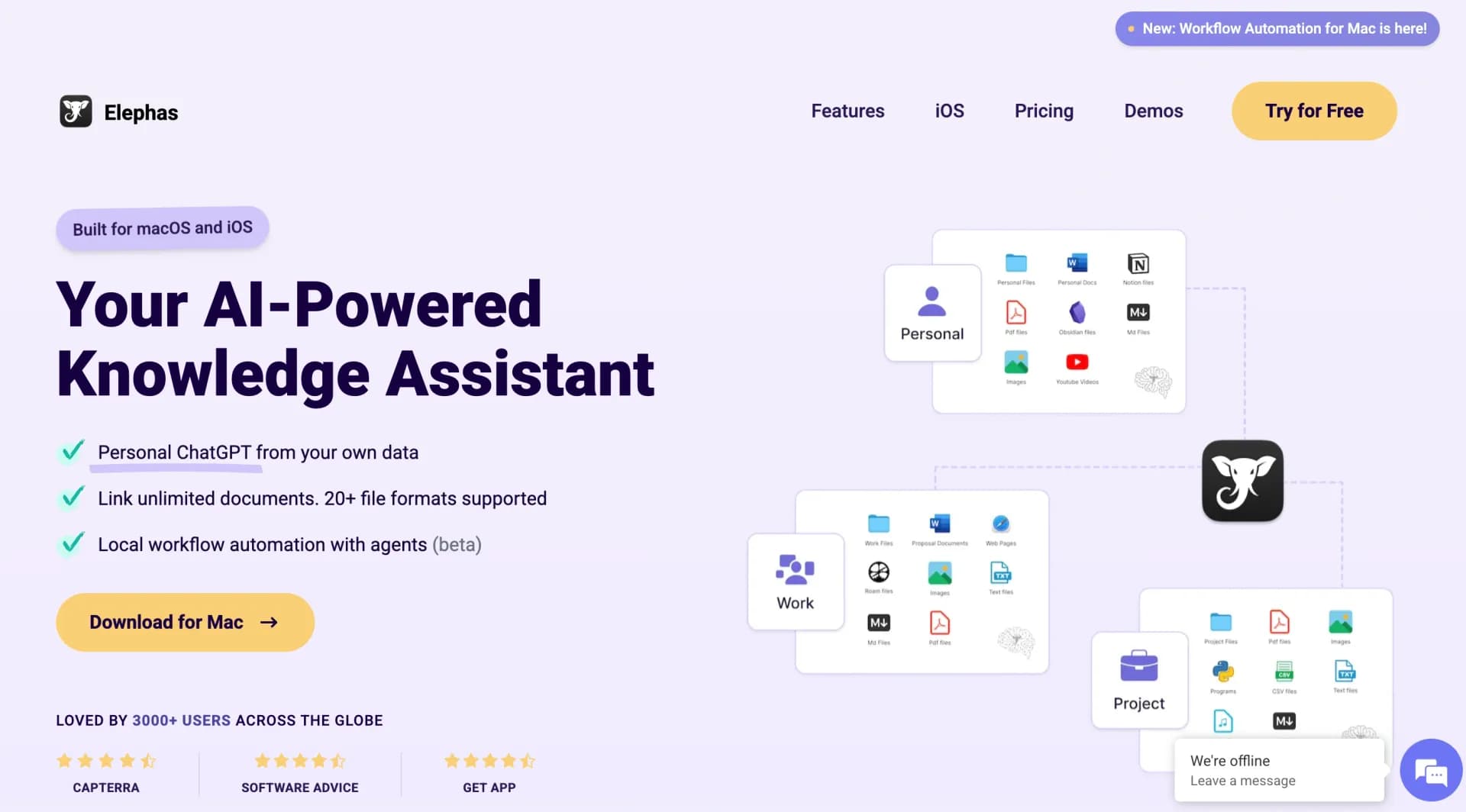 Elephas homepage screenshot — ChatGPT for your entire knowledge base.