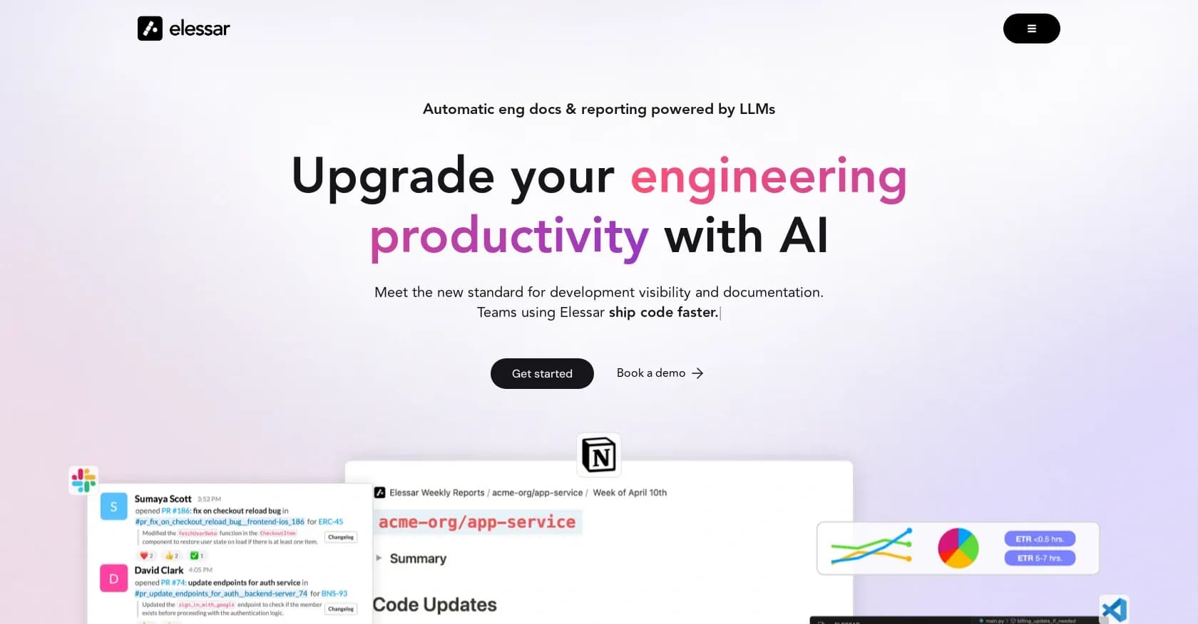 Elessar homepage screenshot — Upgrade engineering productivity with AI-powered docs and re