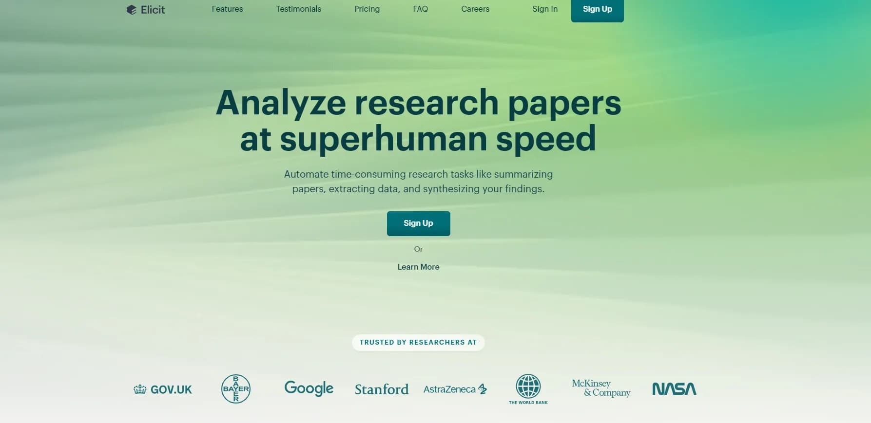 Elicit homepage screenshot — AI-powered research assistant for literature reviews and ana