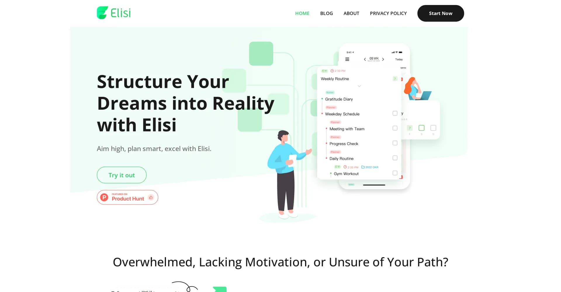 Elisi homepage screenshot — All-in-one planner for productivity and time management.
