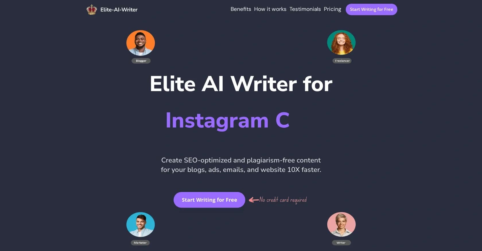 Elite AI Writer homepage screenshot — Create SEO-optimized content 10X faster.