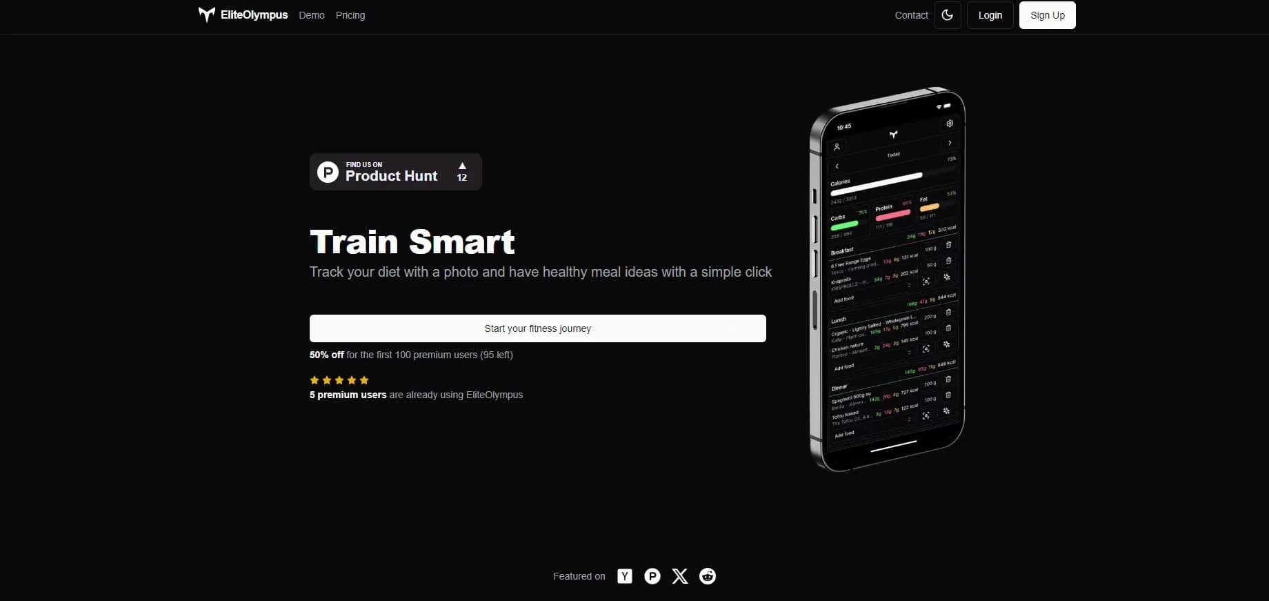 EliteOlympus homepage screenshot — AI-powered fitness coach for smart training and diet trackin