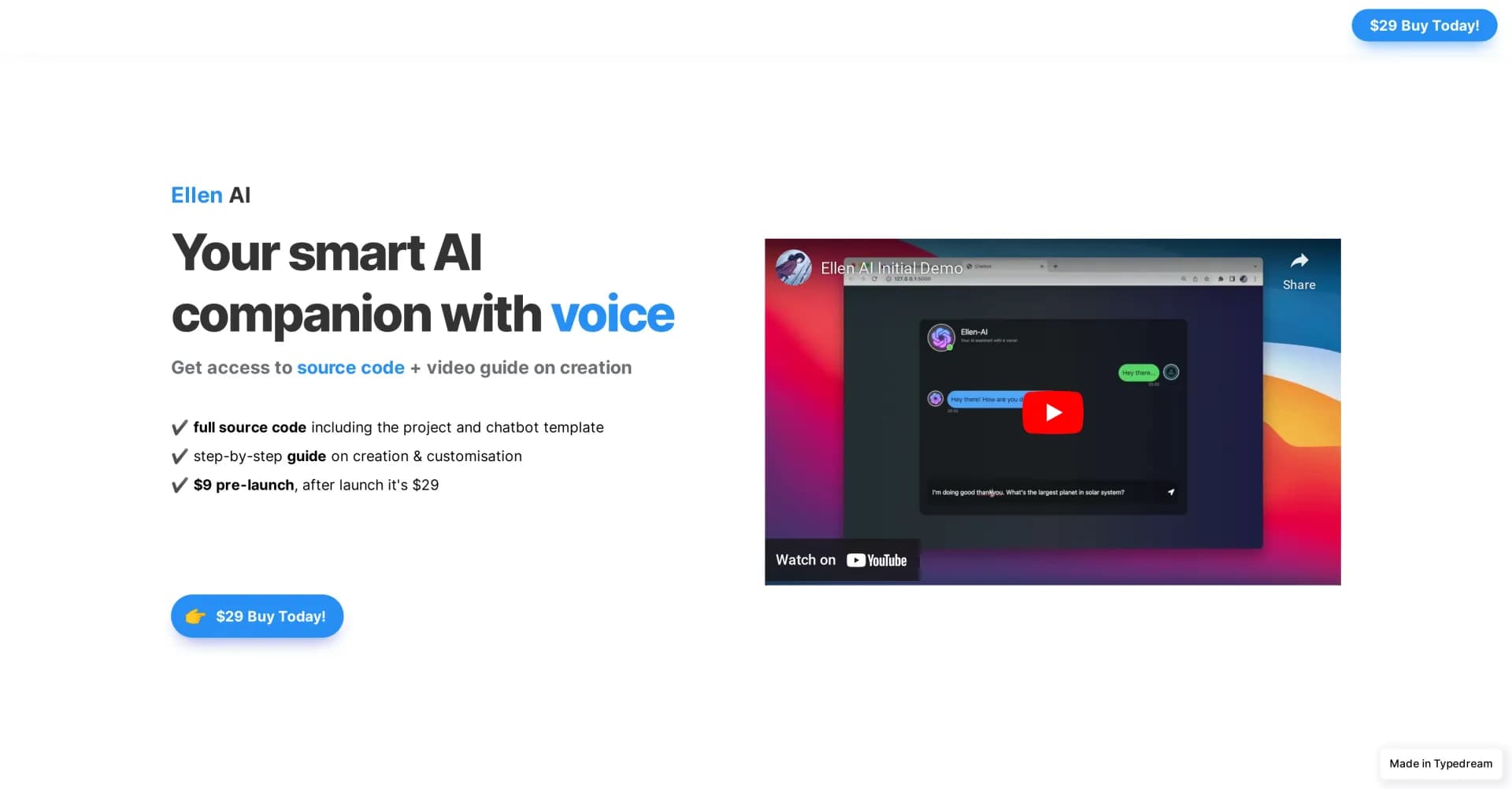 Ellen AI homepage screenshot — Your smart AI companion with voice.