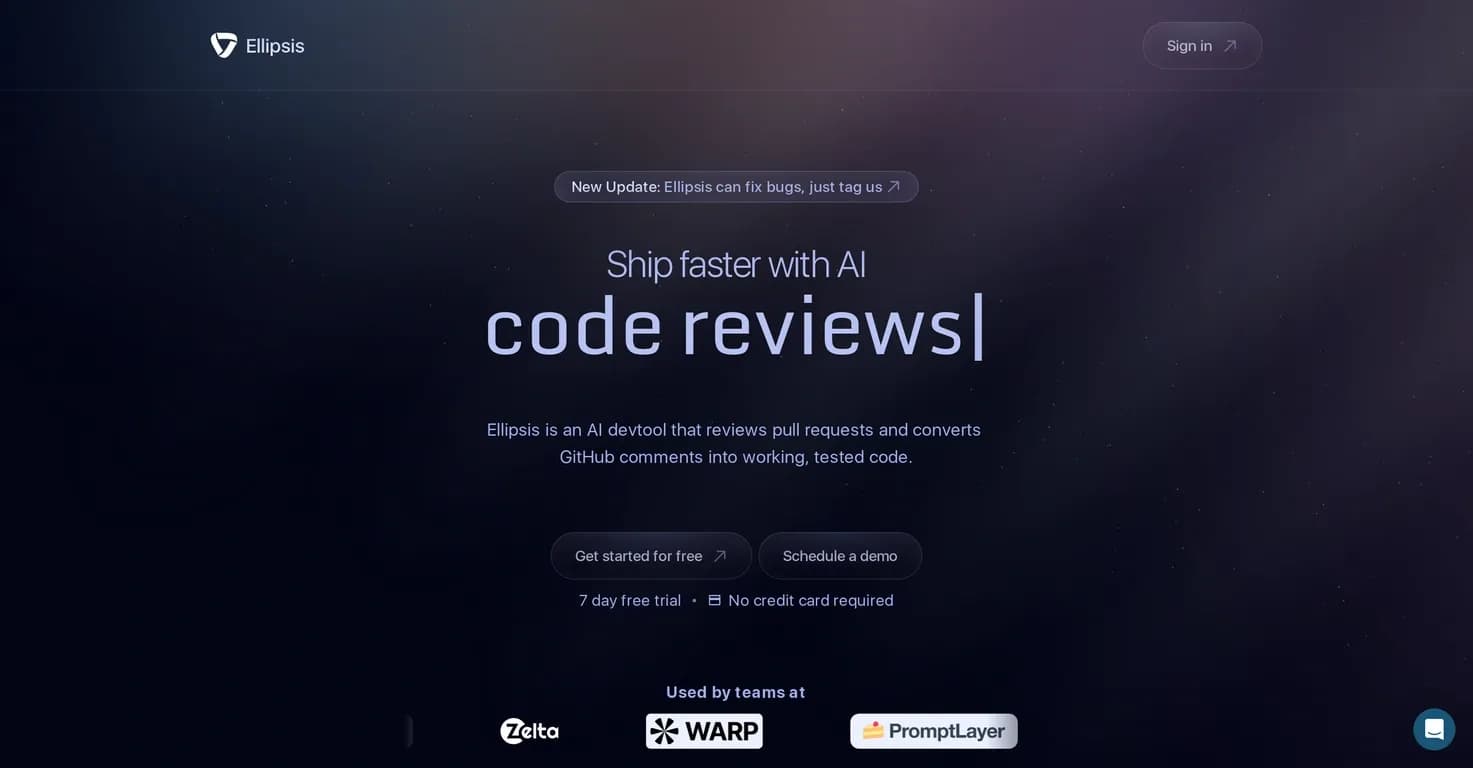 Ellipsis homepage screenshot — Turn every engineer into a 10x engineer with AI