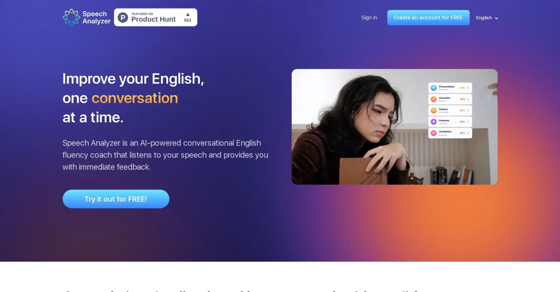 ELSA | Speech Analyzer homepage screenshot — Speak English like a native with AI feedback.