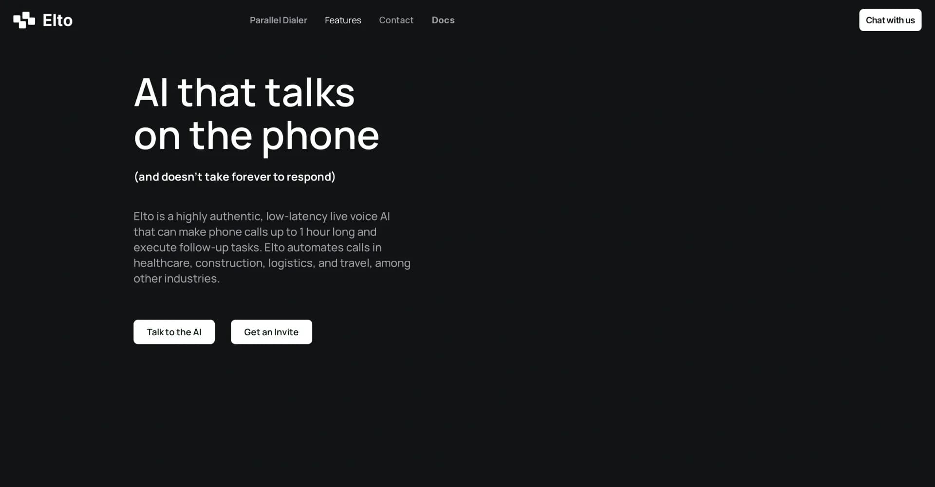 Elto homepage screenshot — AI that makes phone calls: swift, authentic, versatile.