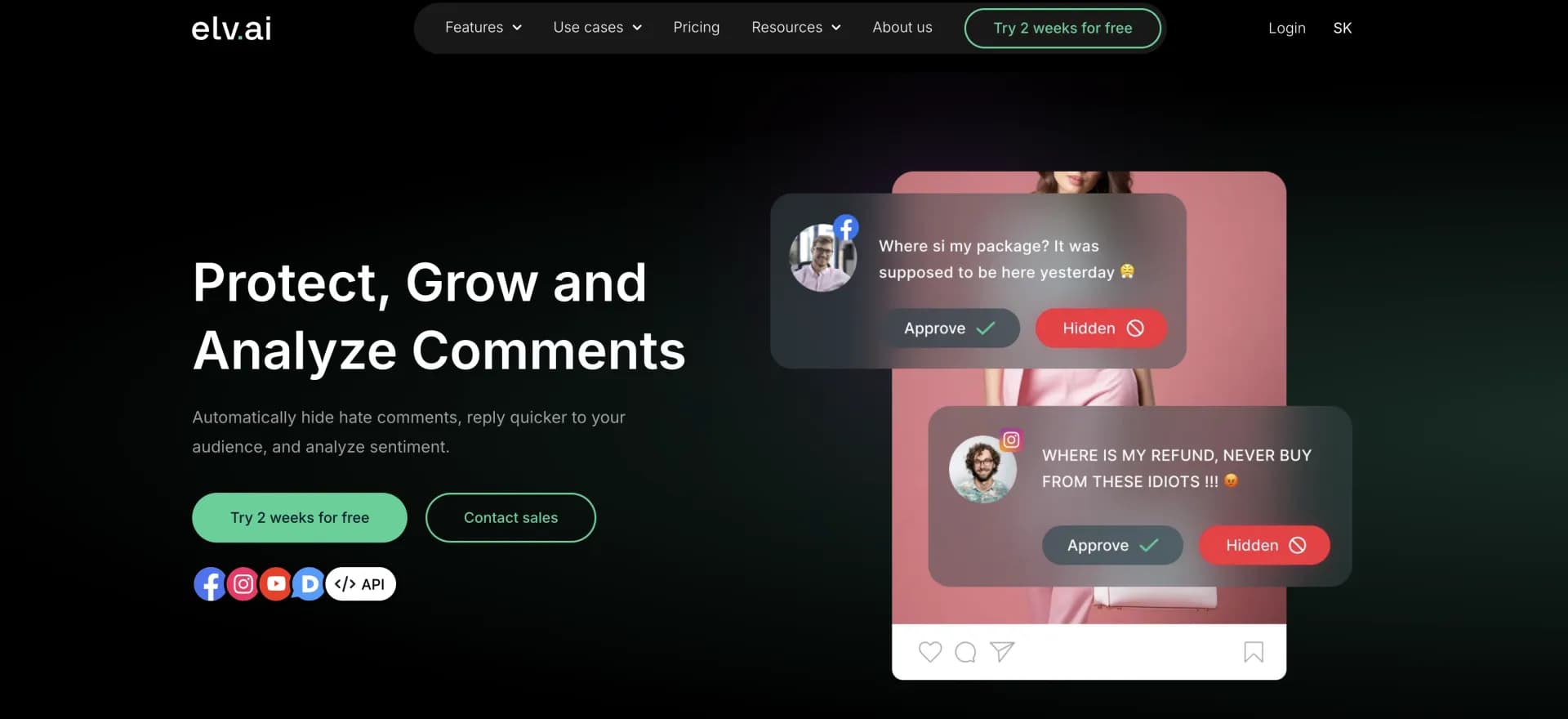 Elv.ai homepage screenshot — AI-powered comment moderation for faster, smarter engagement